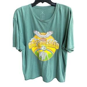 THE GRATEFUL DEAD Green graphic Tee roll raw hem thrashed SZ L
